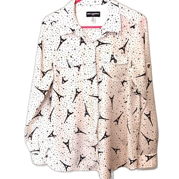 Karl Lagerfeld Paris Blouse Sz M Eiffel Tower Stars Print Button Front - Picture 1 of 15